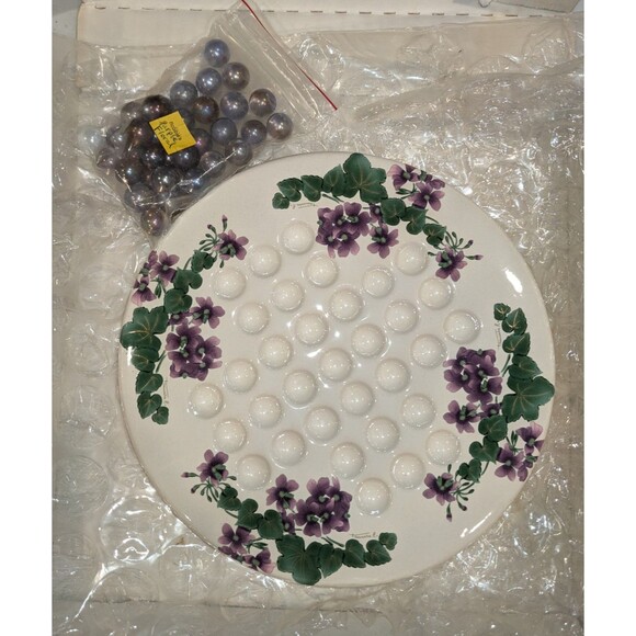 Vintage Ceramic Marble Solitaire Game Purple Flowers 8.25”Diameter- Estate Find - Picture 1 of 6